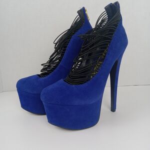 London Trash Heels Strappy Blue Stiletto 2" Platform Size 7.5 Leather Night Out